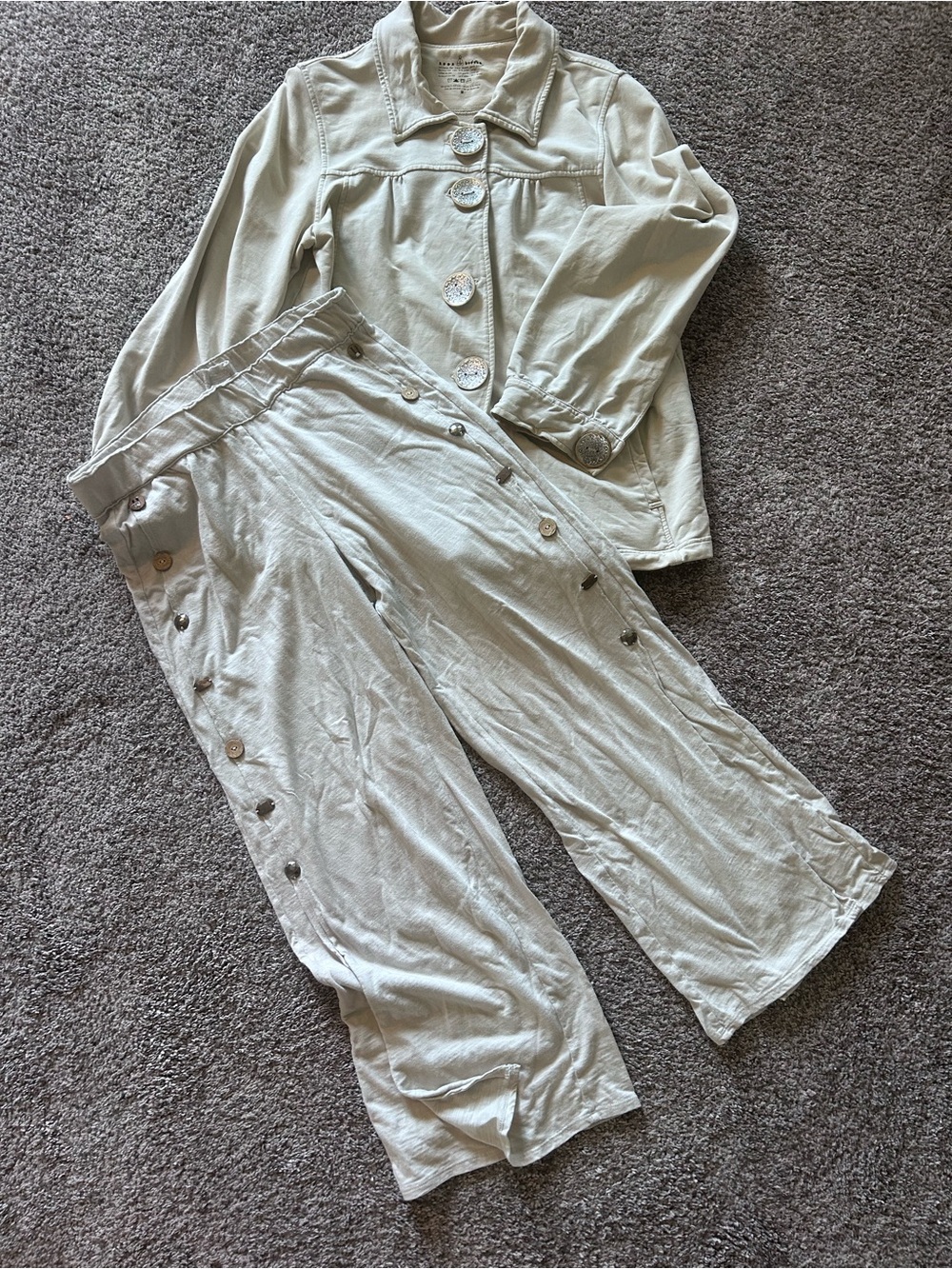 Neon Buddha cotton blend jacket and pant set with artsy buttons